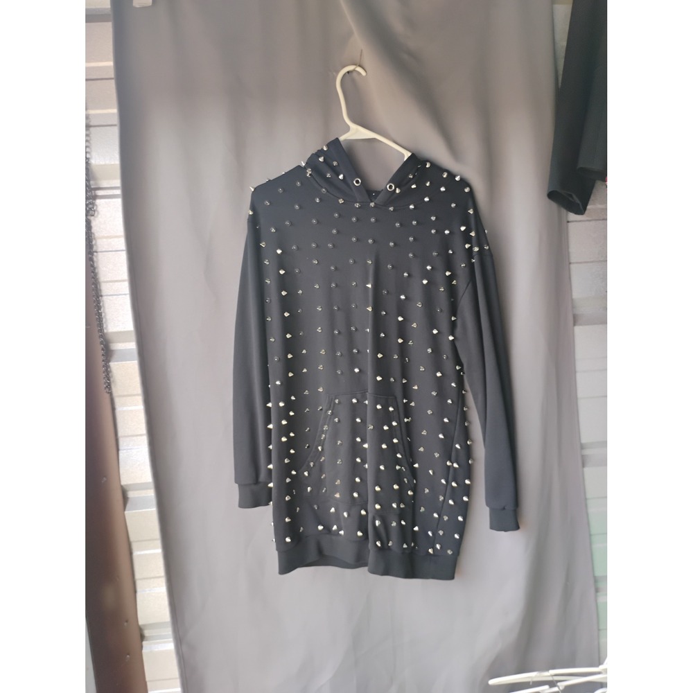 Akira Black Studded Ride or Die Oversized Hoodie Dress Silver Cone Studs M/L